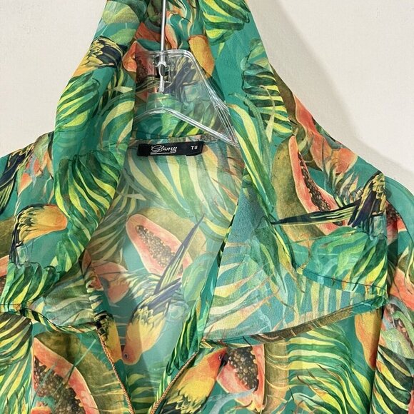 Glamy Swim Cover Up Kaftan Sheer Tropical Green Papaya Parrots Print Hooded - Picture 3 of 6